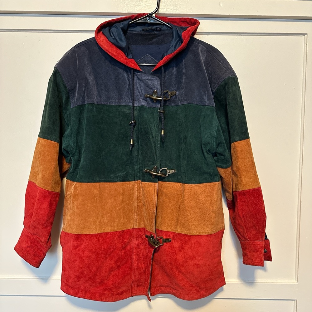 Vintage 90s Tri Color Suede Hooded Jacket. 
Size S